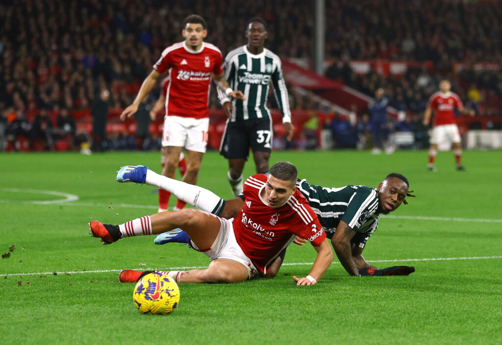 Soccer Football - Premier League - Nottingham Forest v Manchester United - The City Ground, Nottingham, Britain - December 30, 2023 Nottingham Forest's Nicolas Dominguez in action with Manchester United's Aaron Wan-Bissaka